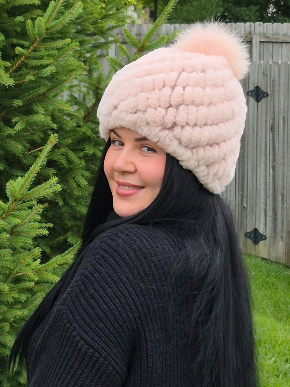 Powder Real Rex Rabbit Fur Hat with Small Fox Pom, Warm Winter Women's Beanie